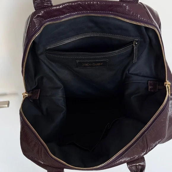 Saint Laurent Boston Hand Bag Tote Purse Y Line Patent Leather Dark purple. - Picture 4 of 6